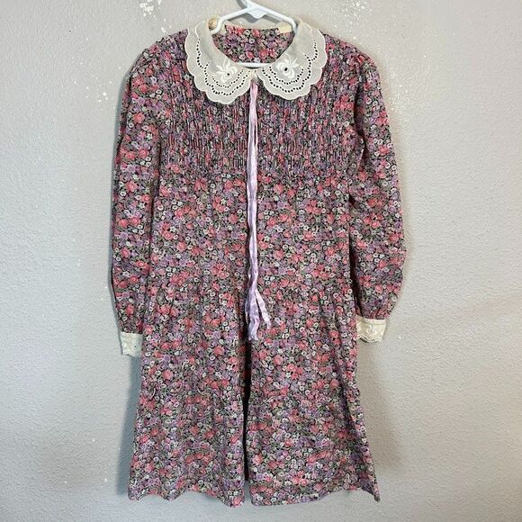 VTG Girls Smocked Floral Dress 6/8 Long Sleeve Collar Lace Trim Pink Purple - Picture 2 of 10
